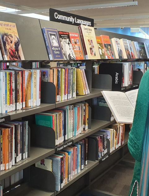Patron browsing the Punjabi collection at Tarneit library