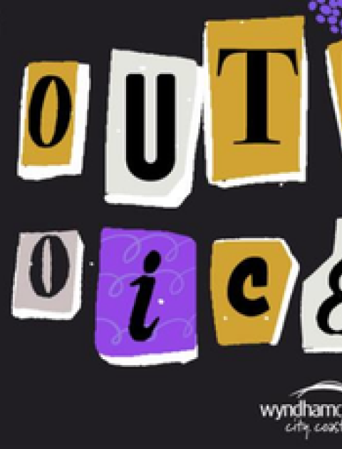 Image features purple, white and mustard colour text on a black background. Text reads Youth Voice.