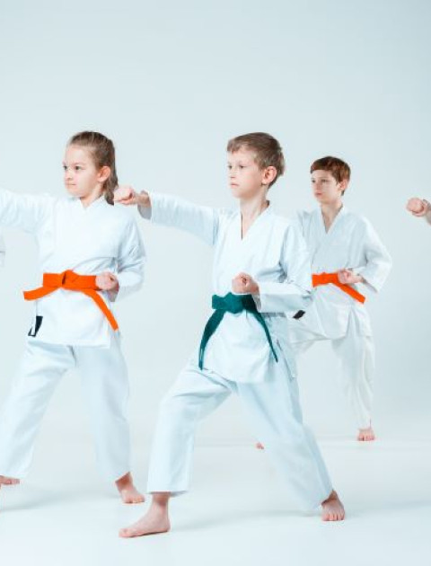 group of boys and girls in karate uniforms standing with one arm forwards in a punching stance