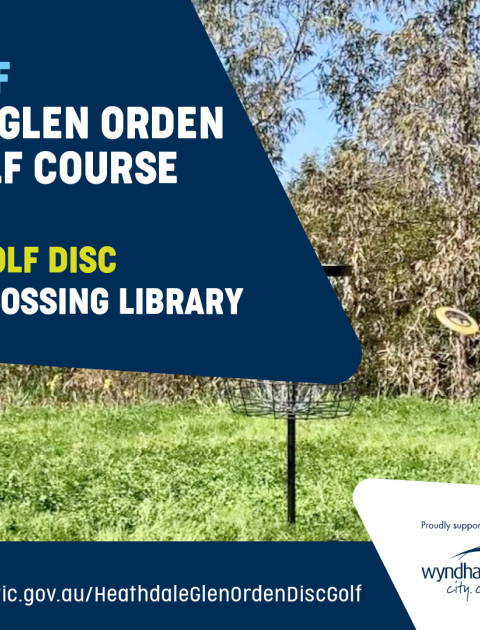 a child throws a disc golf at a metal basket on a pole, Writing says: Play Disc Golf at Heathdale Glen Orden Trial Disc Golf course, Borrow a Discc
