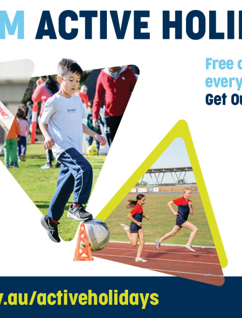 3 kids playing sport: hockey, athletics. football