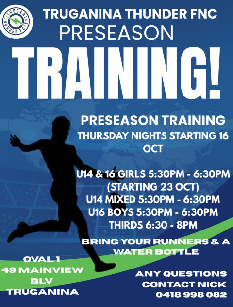 an image with a sihouette of a person kicking a ball and text with Preseason training and the times