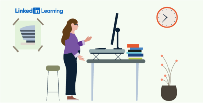 a cartoony illustration of a woman at a standing desk 