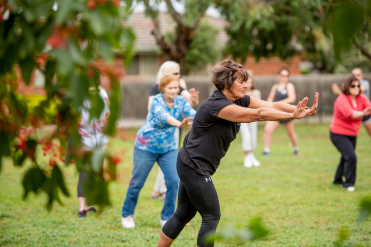 a group of people are standing on grass pushing forward with their arms, the closest person is wearing a black top and bottoms, the next person a blue top and bottoms