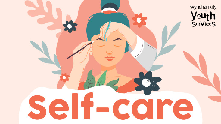 Cartoon graphic of a young women having eyebrows shaped, with a title reading "Self-care".