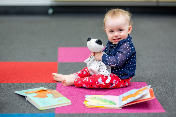 Baby sitting on the floor with books and a soft toy.