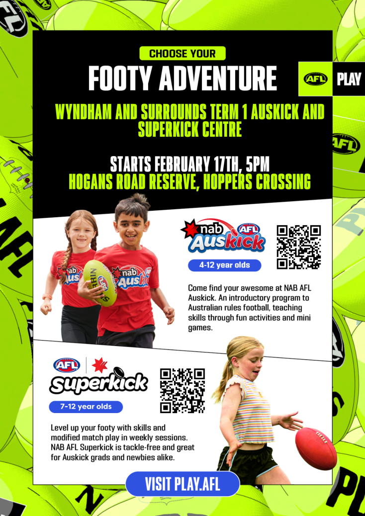 a flyer with children running and carrying or kicking AFL balls