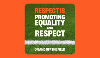 Text: “Respect is promoting equality and respect, on and off the field.” Background is a closeup of a grass sports field with a white line across it.