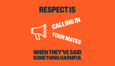 Text: “Respect is calling in your mate when they’ve said something harmful.” Graphic of a megaphone with the words “calling in your mates” coming out of it. 