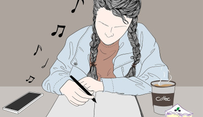 Girl writing in a notepad, listening to music and drinking coffee