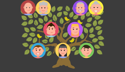 An illustration of a leafy green tree with people's faces arranged around the branches.