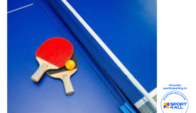 Blue table tennis table and net with a red and black bat resting and a yellow table tennis ball