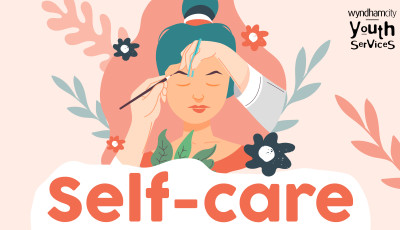 Cartoon graphic of a young woman having eyebrows shaped, with a title reading "Self-care".