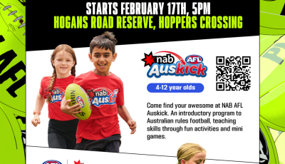 a flyer with children running and carrying or kicking AFL balls