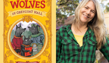 Book cover of Lucinda's book 'The Wolves of Greycoat Hall' next to a photo of Lucinda.